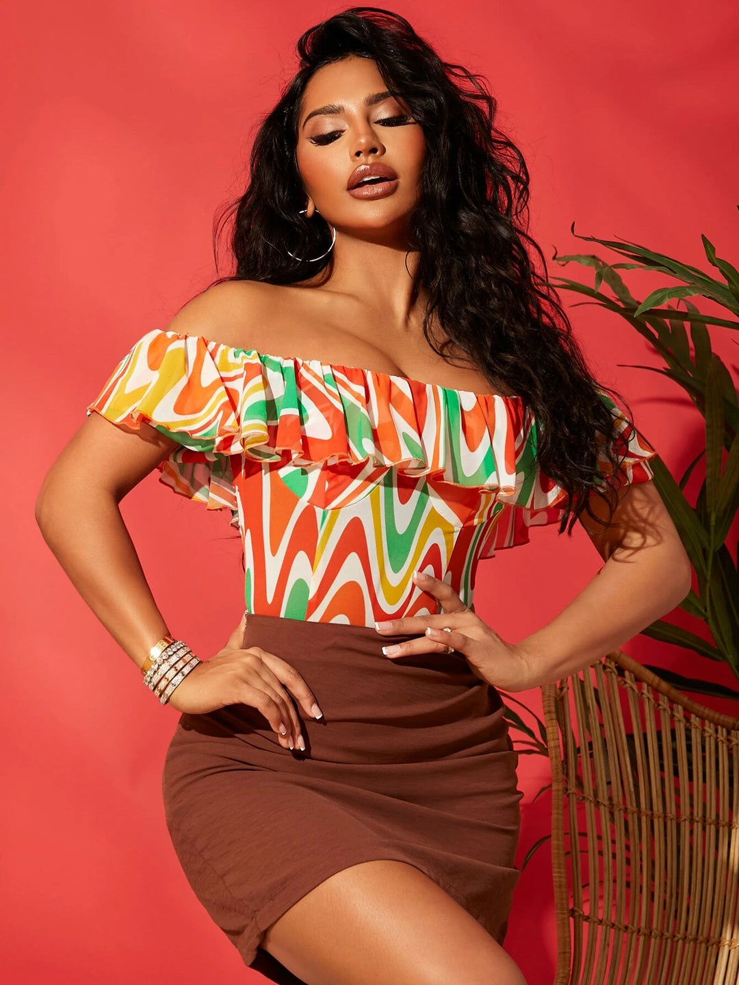 Off The Shoulder Foldover Waves Print Bodysuit