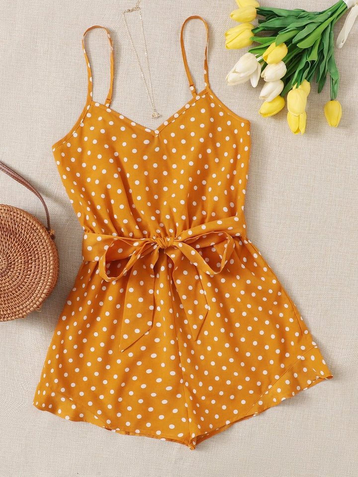 Belted Polka Dot Cami Romper