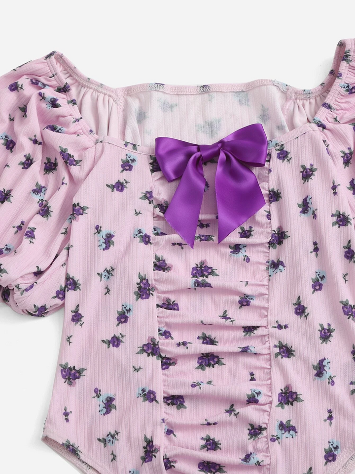 Floral Print Puff Sleeve Bow Front Bodysuit