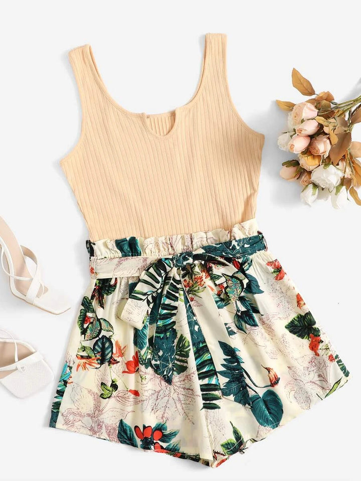 Tropical Print Paperbag Waist Belted Combo Tank Romper
