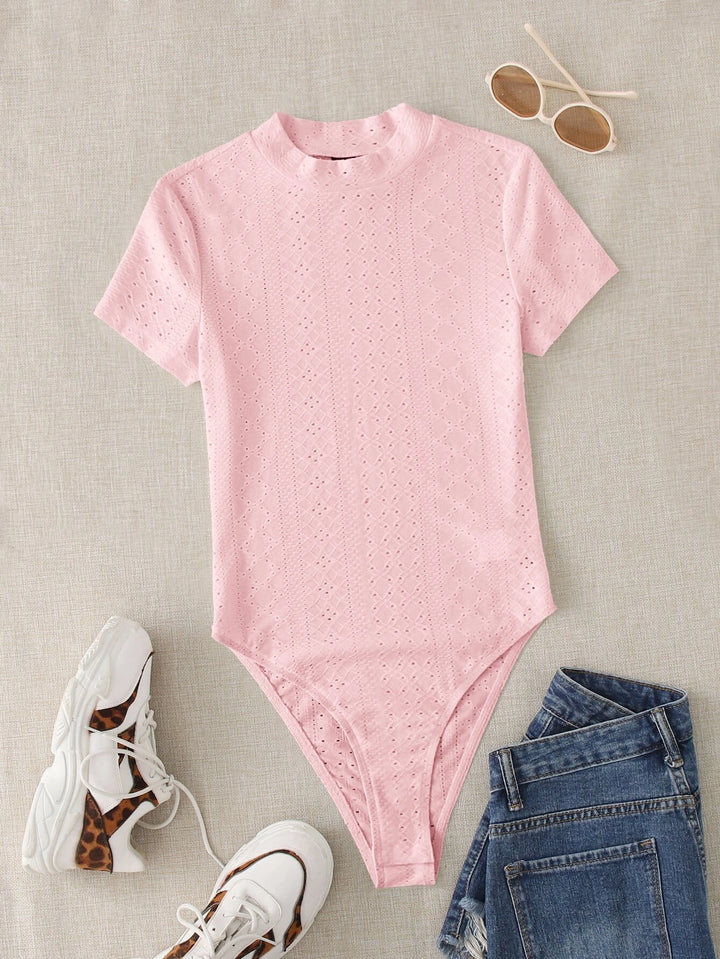 Mock Neck Eyelet Embroidery Bodysuit