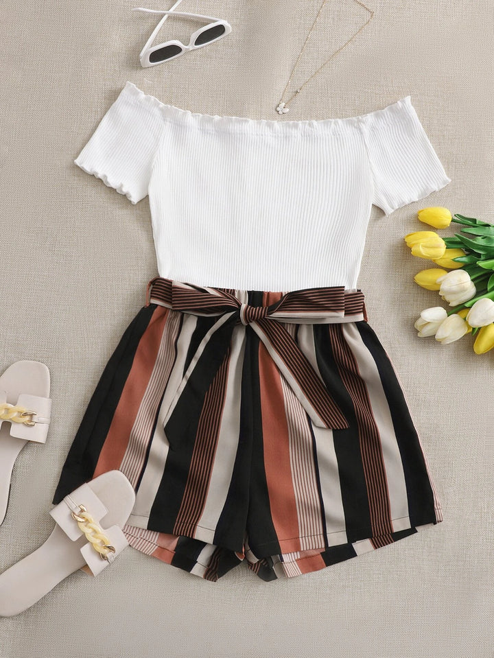 Off Shoulder Striped Paneled Self Belted Romper