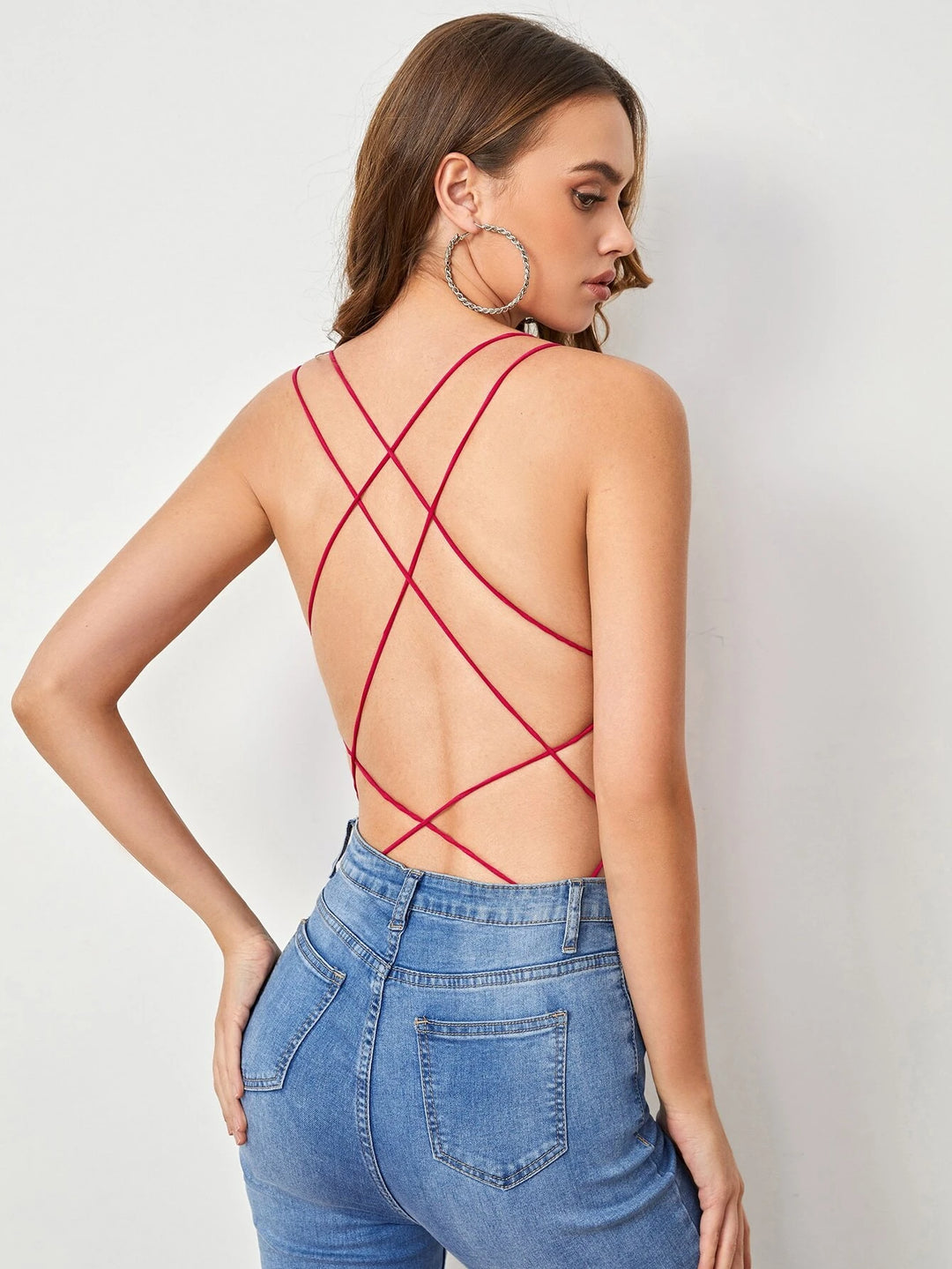 Criss Cross Tie Backless Bodysuit