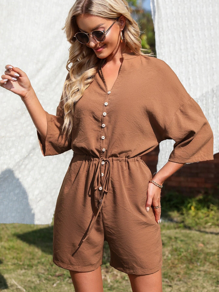 Drop Shoulder Drawstring Waist Romper