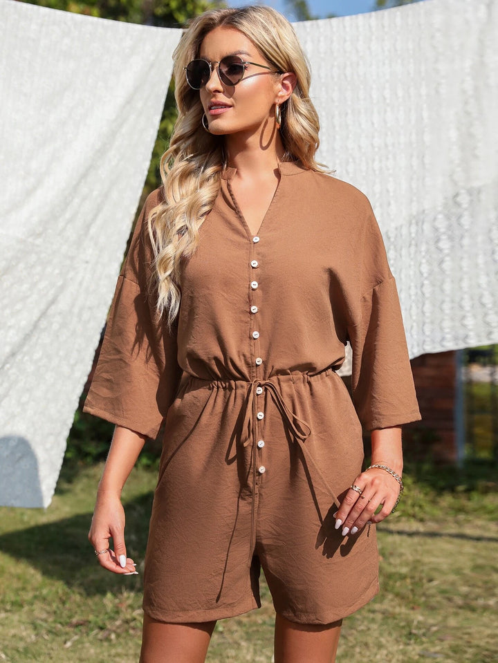 Drop Shoulder Drawstring Waist Romper