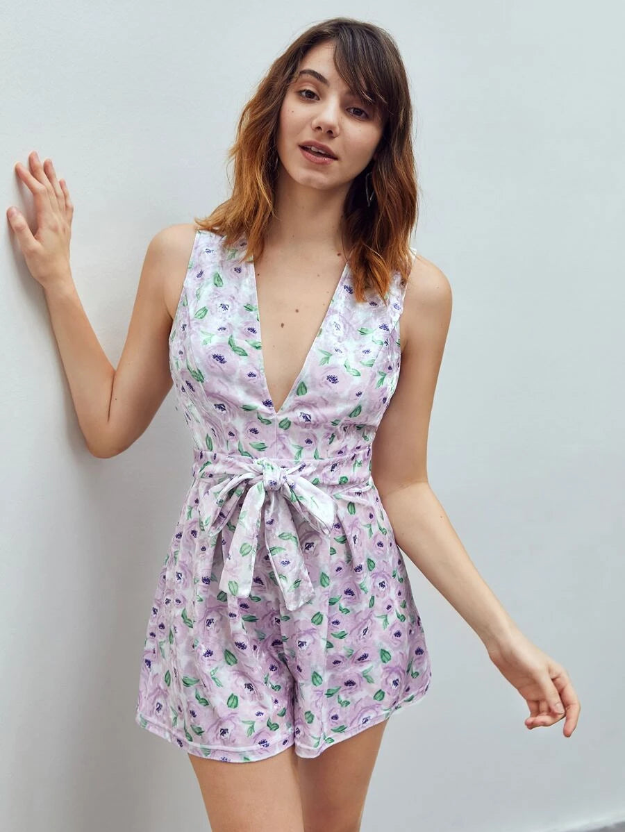 Plunging Neck Knot Front Tank Romper