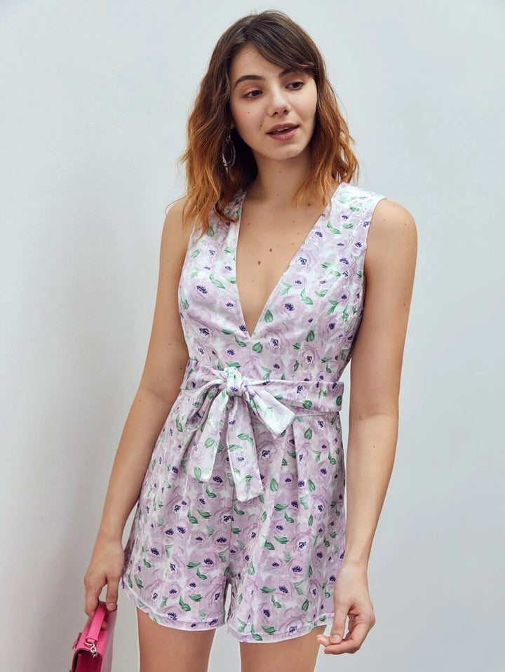 Plunging Neck Knot Front Tank Romper