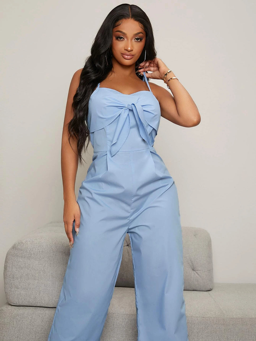 Square Neck Tie Front Cami Jumpsuit