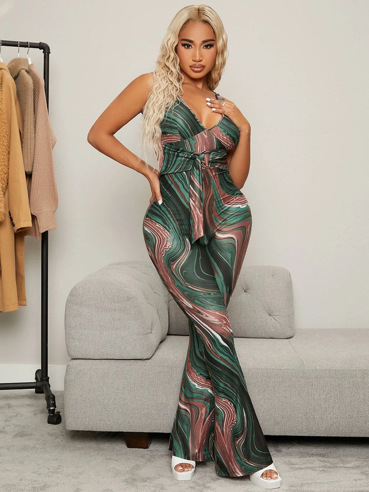 Marble Print Tie Front Flare Leg Jumpsuit