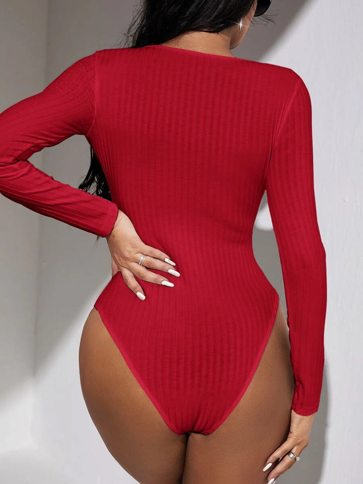 Ribbed Knit Quarter O Ring Zipper Bodysuit