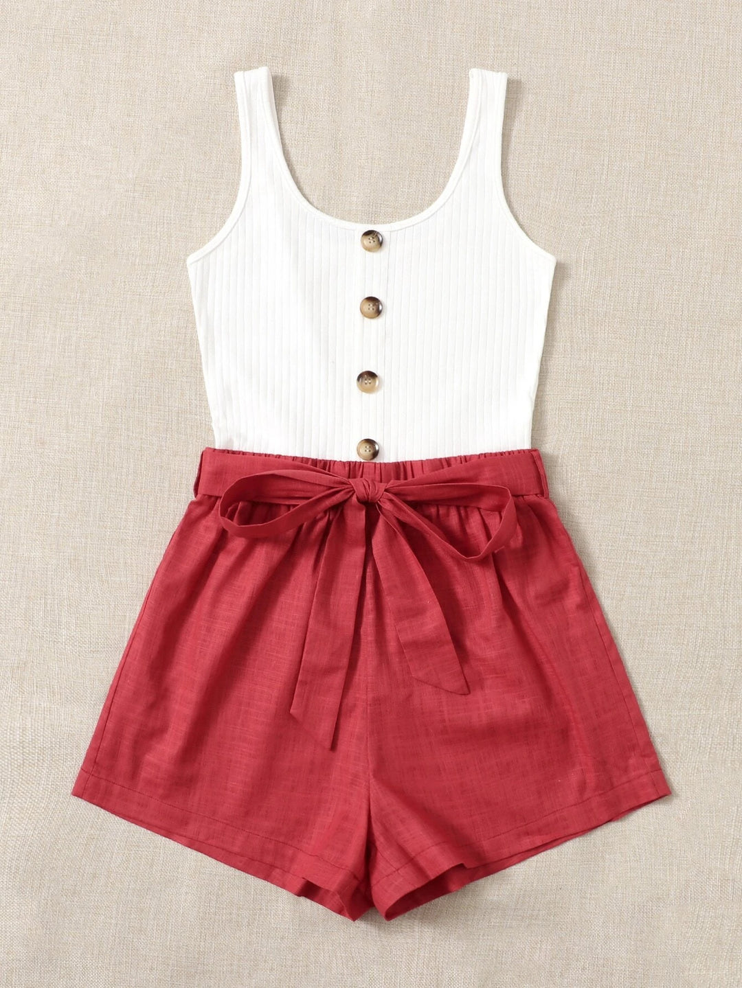 Button Front Belted Combo Tank Romper