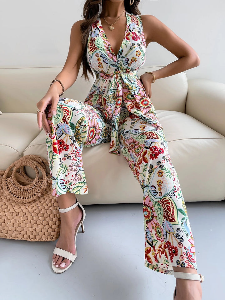 Floral Print Back Belted Wide Leg Jumpsuit