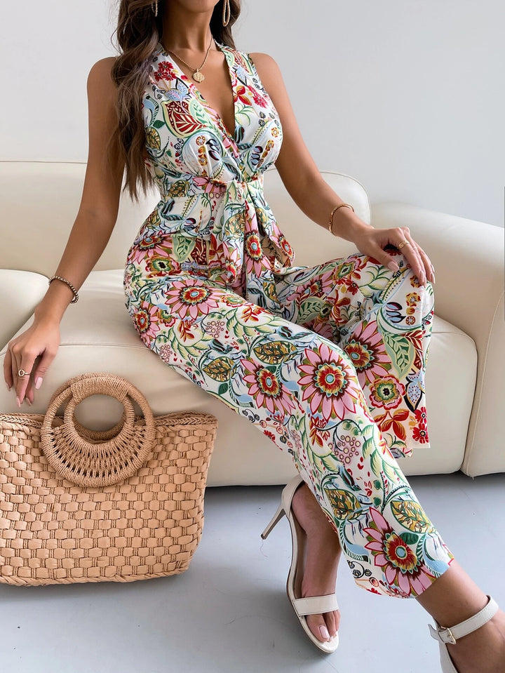 Floral Print Back Belted Wide Leg Jumpsuit