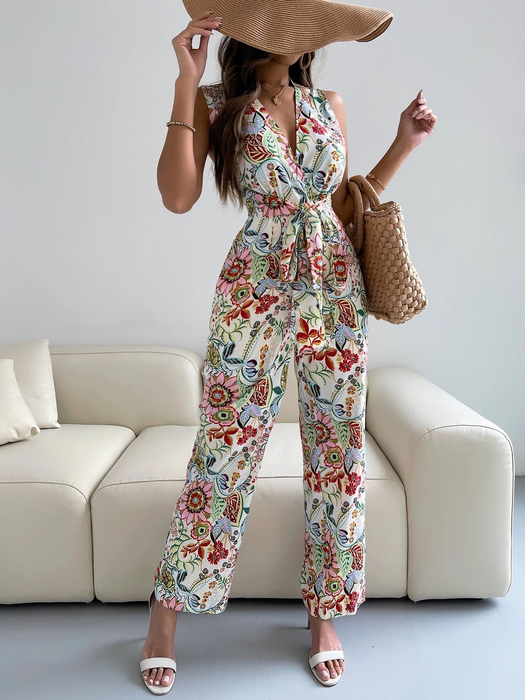 Floral Print Back Belted Wide Leg Jumpsuit