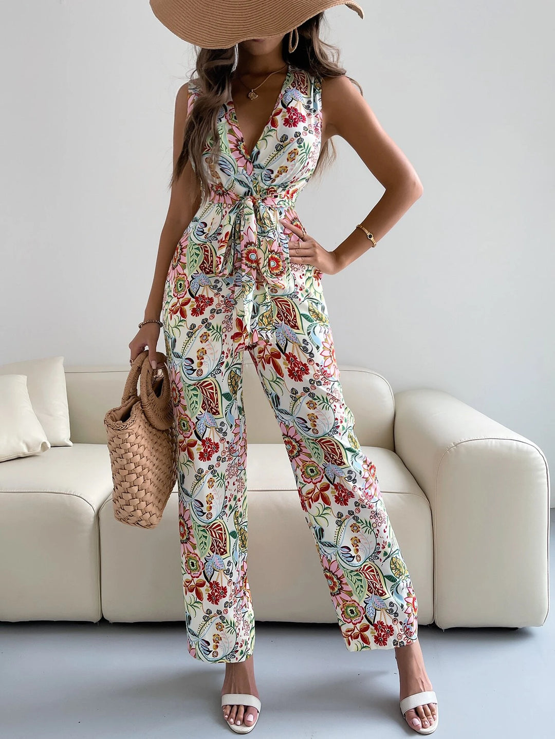 Floral Print Back Belted Wide Leg Jumpsuit