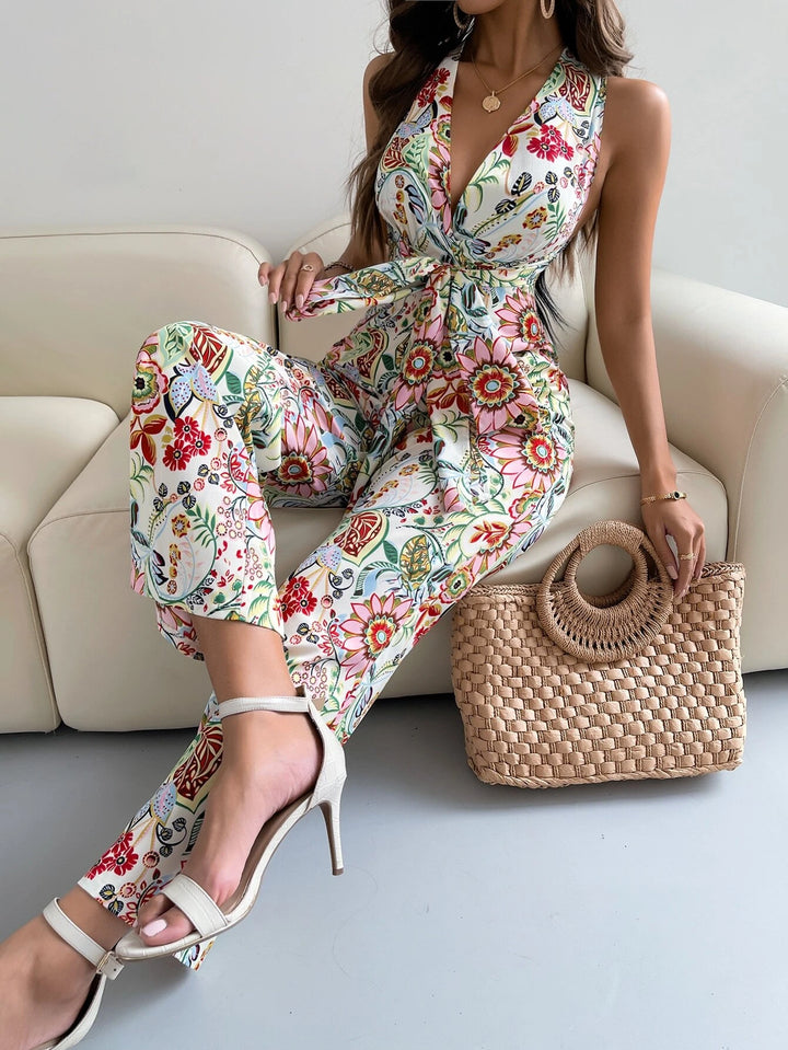 Floral Print Back Belted Wide Leg Jumpsuit