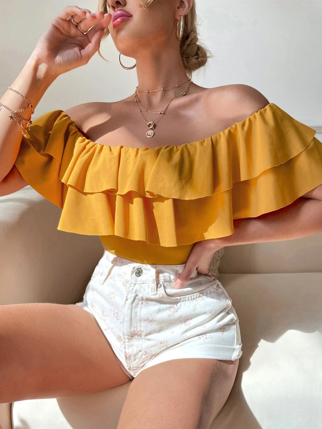 Casual Off Shoulder Layered Bodysuit