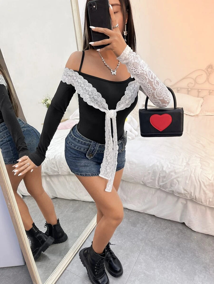 Contrast Lace Tie Front Bodysuit