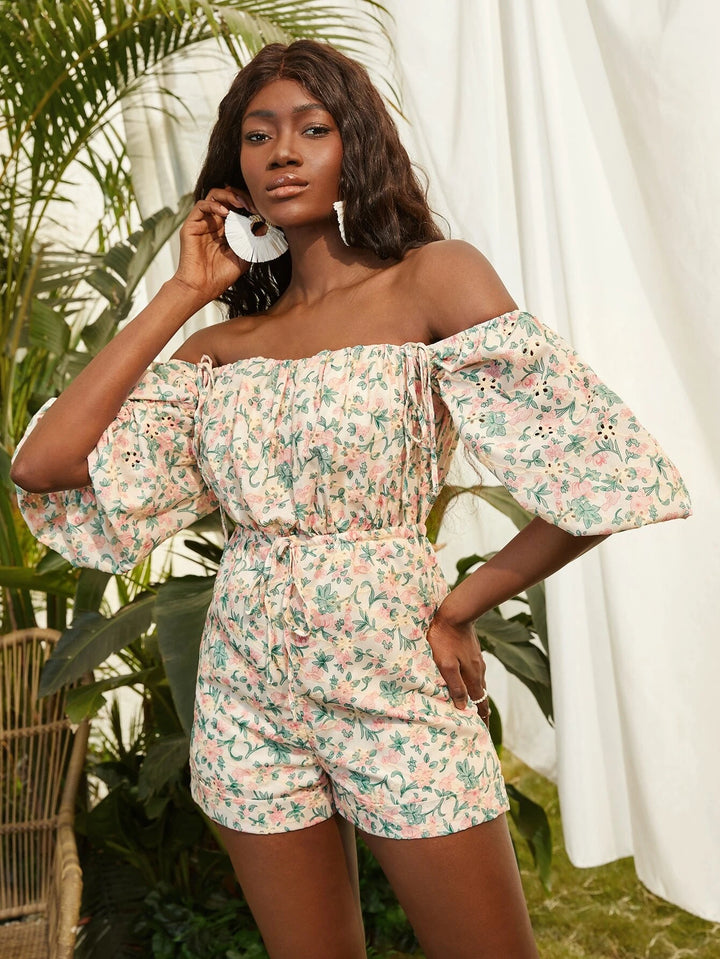 Off Shoulder Floral Print Knotted Romper