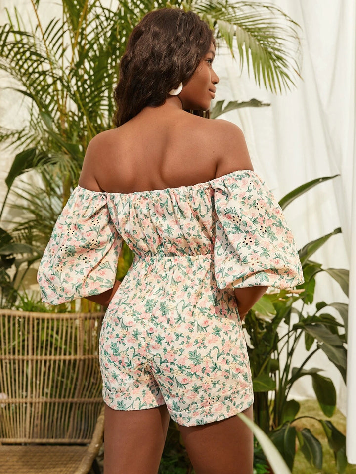 Off Shoulder Floral Print Knotted Romper