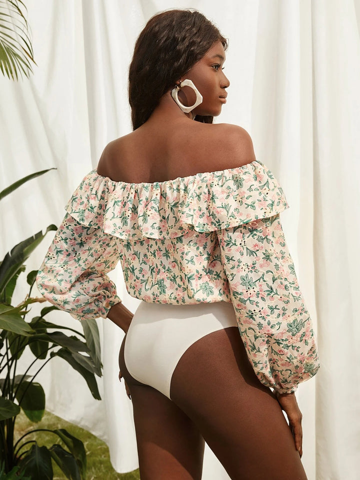 Ruffle Trim Off Shoulder Floral Bodysuit