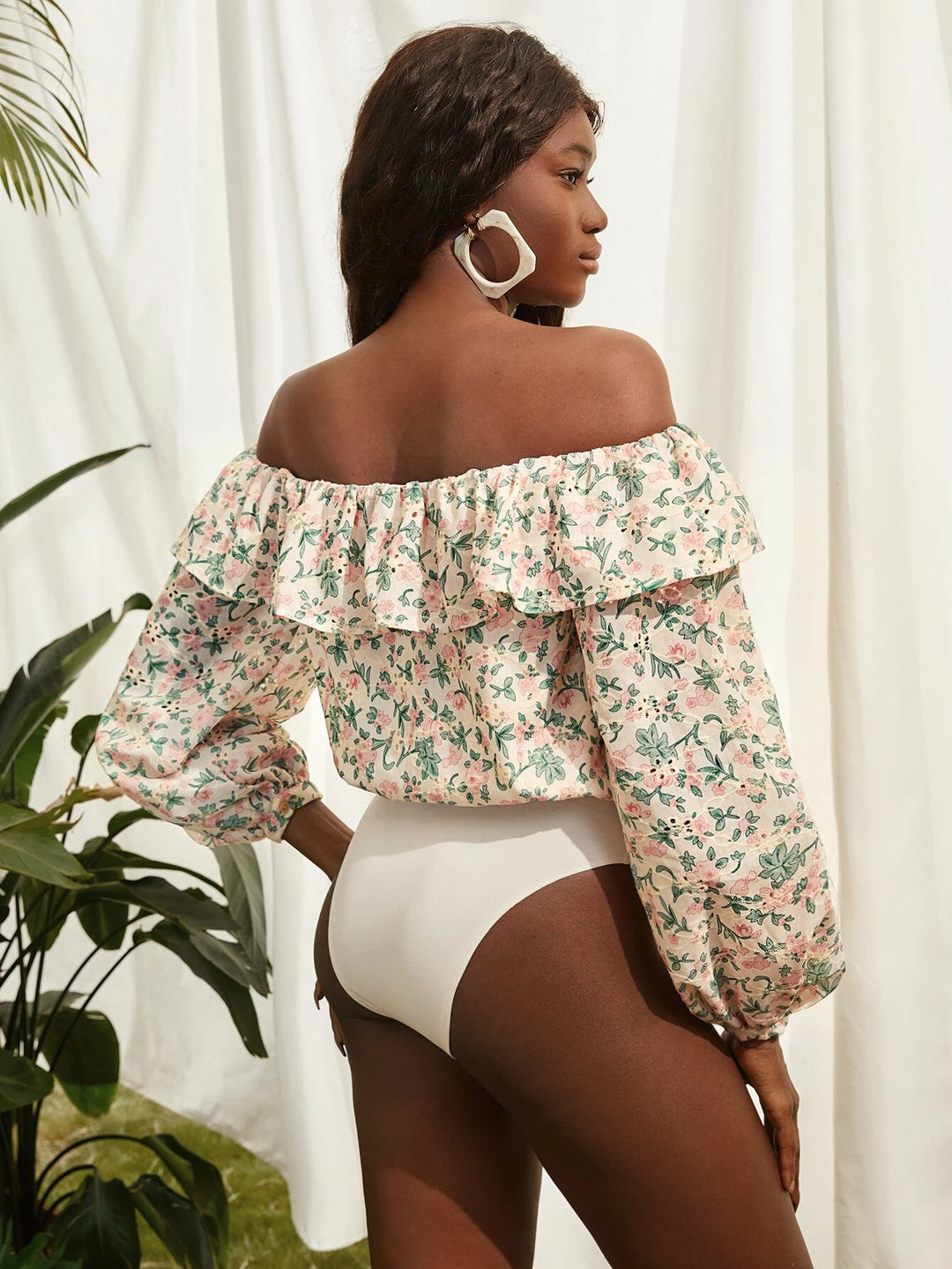 Ruffle Trim Off Shoulder Bodysuit