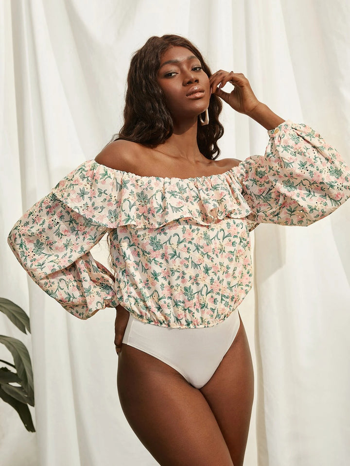 Ruffle Trim Off Shoulder Floral Bodysuit