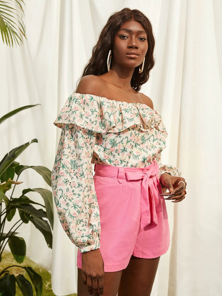 Ruffle Trim Off Shoulder Floral Bodysuit