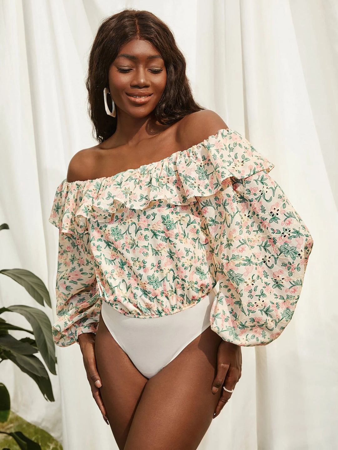 Ruffle Trim Off Shoulder Floral Bodysuit