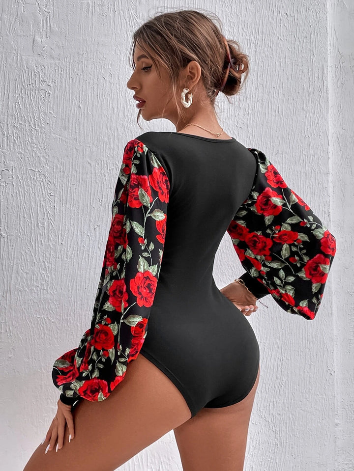 Floral Print Lantern Sleeve Bodysuit