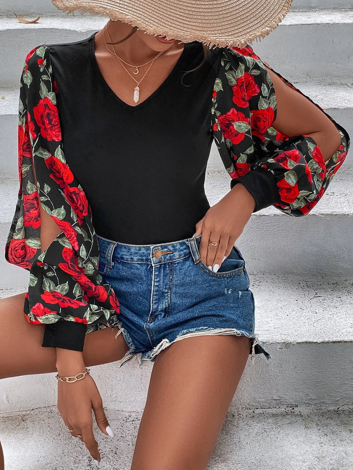 Floral Print Lantern Sleeve Bodysuit