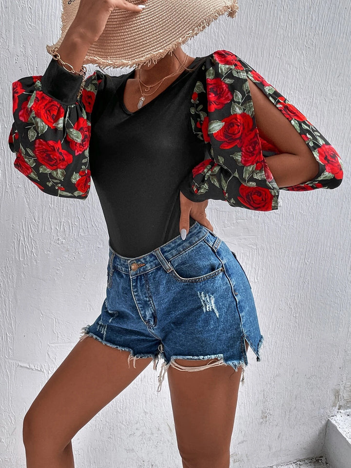 Floral Print Lantern Sleeve Bodysuit