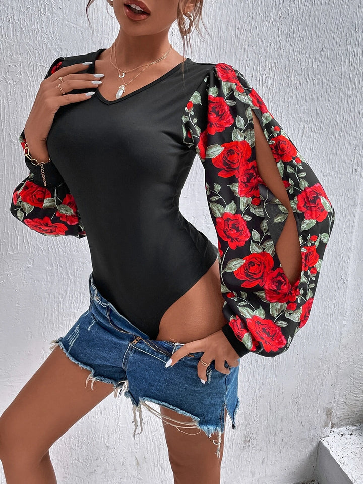 Floral Print Lantern Sleeve Bodysuit