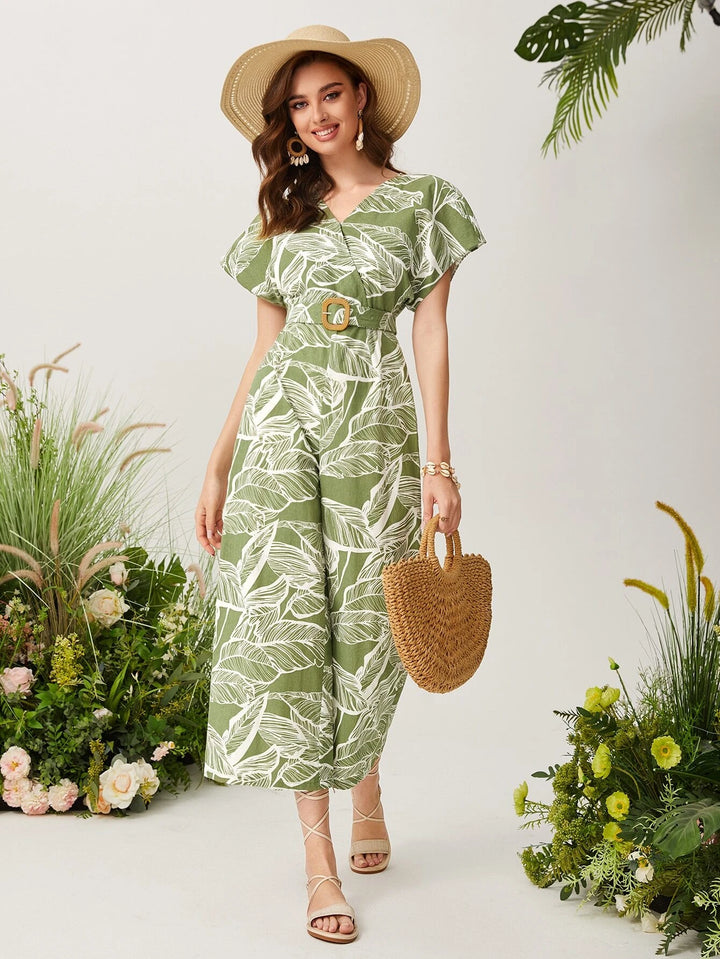 Bedruckter Jumpsuit mit Flügelärmeln und Gürtel 