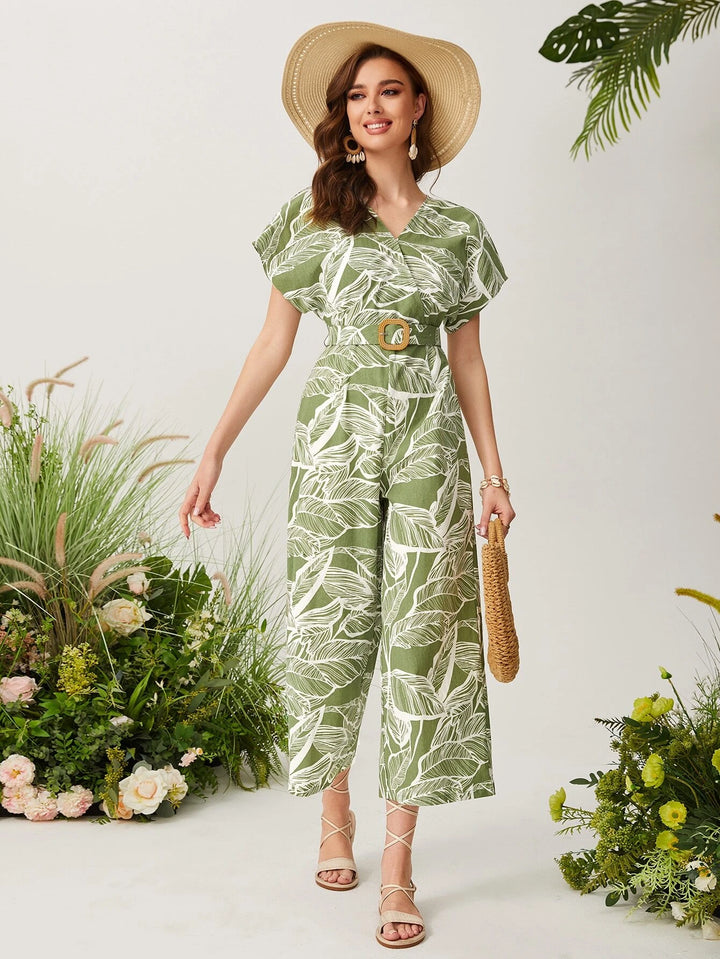 Bedruckter Jumpsuit mit Flügelärmeln und Gürtel 