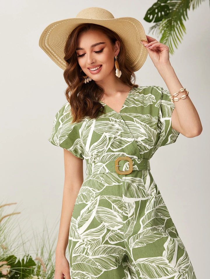 Printed Cap Sleeve Belted Jumpsuit