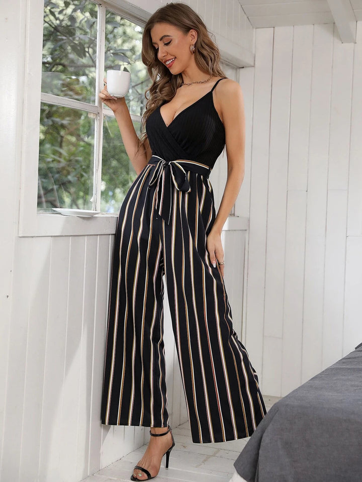 Striped Pattern Belted Cami Jumpsuit