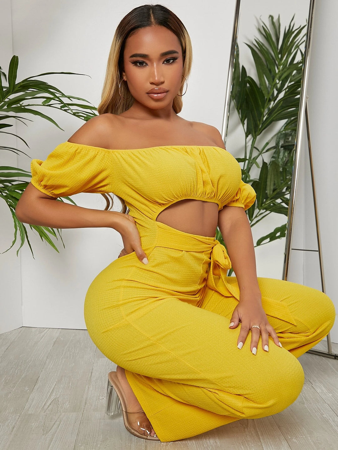 Off Shoulder Puff Sleeve Jumpsuit