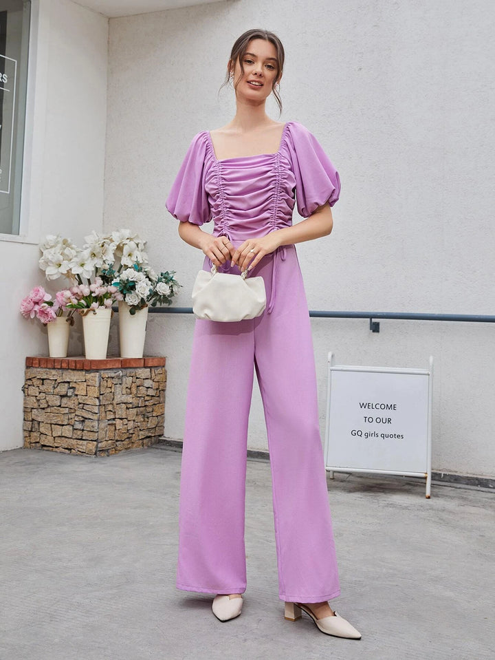 Drawstring Ruched Puff Sleeve Jumpsuit