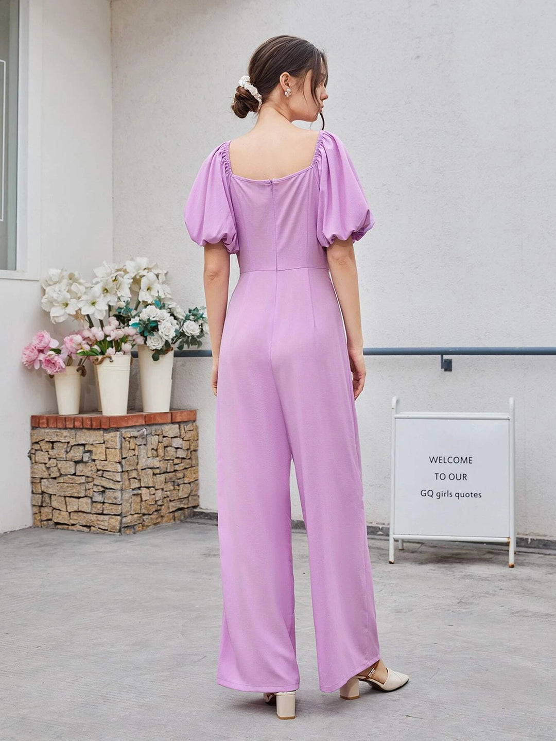 Drawstring Ruched Puff Sleeve Jumpsuit