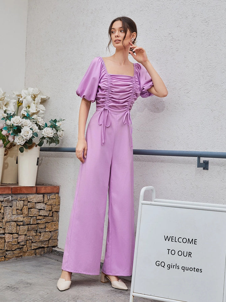 Drawstring Ruched Puff Sleeve Jumpsuit