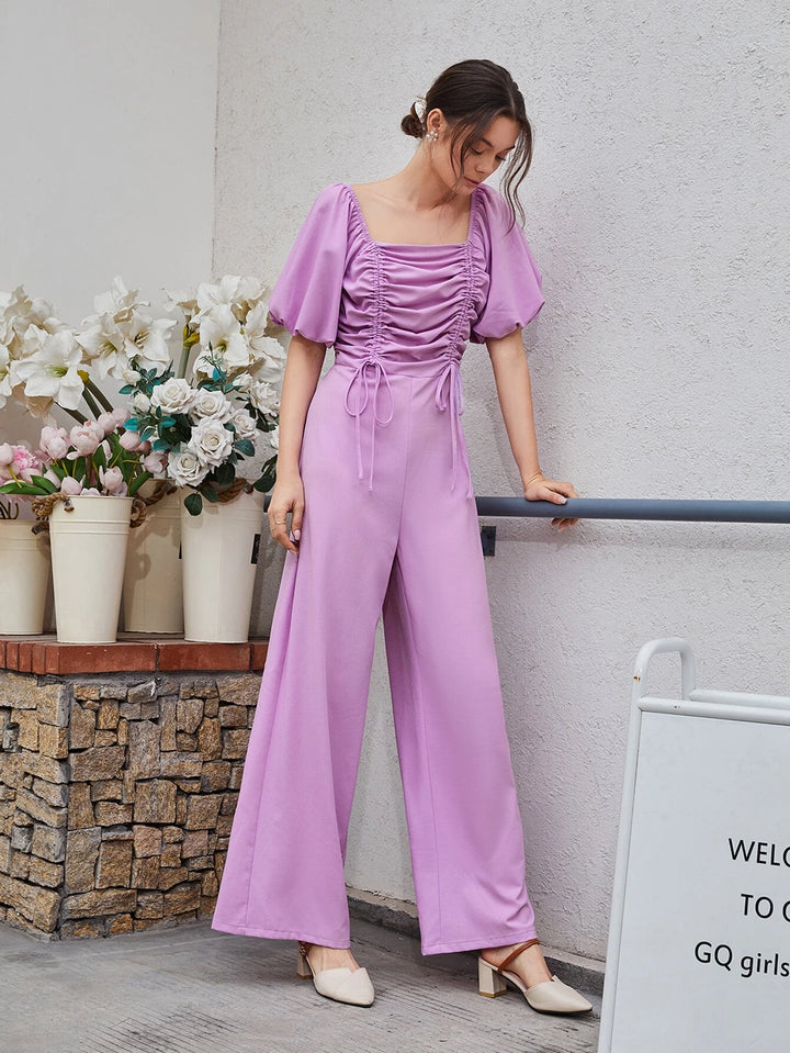 Drawstring Ruched Puff Sleeve Jumpsuit