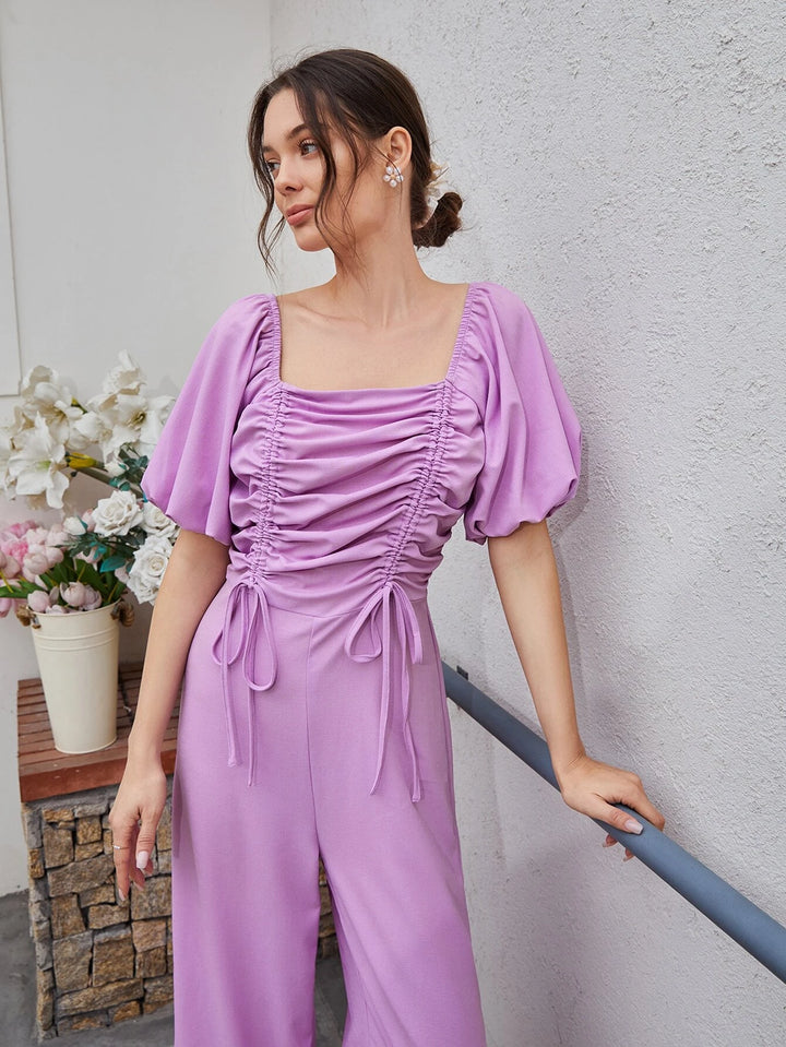 Drawstring Ruched Puff Sleeve Jumpsuit