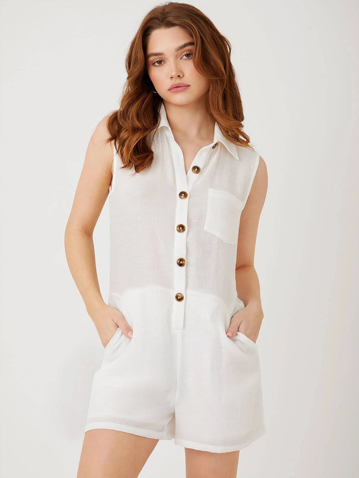 Pocket Patched Button Front Casual Romper