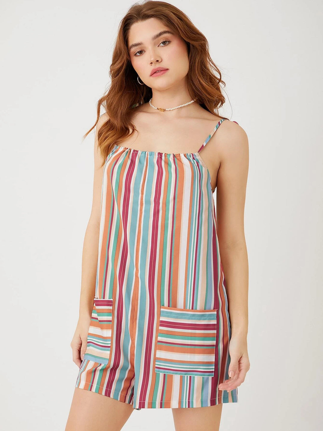 Striped Print Knot Shoulder Romper