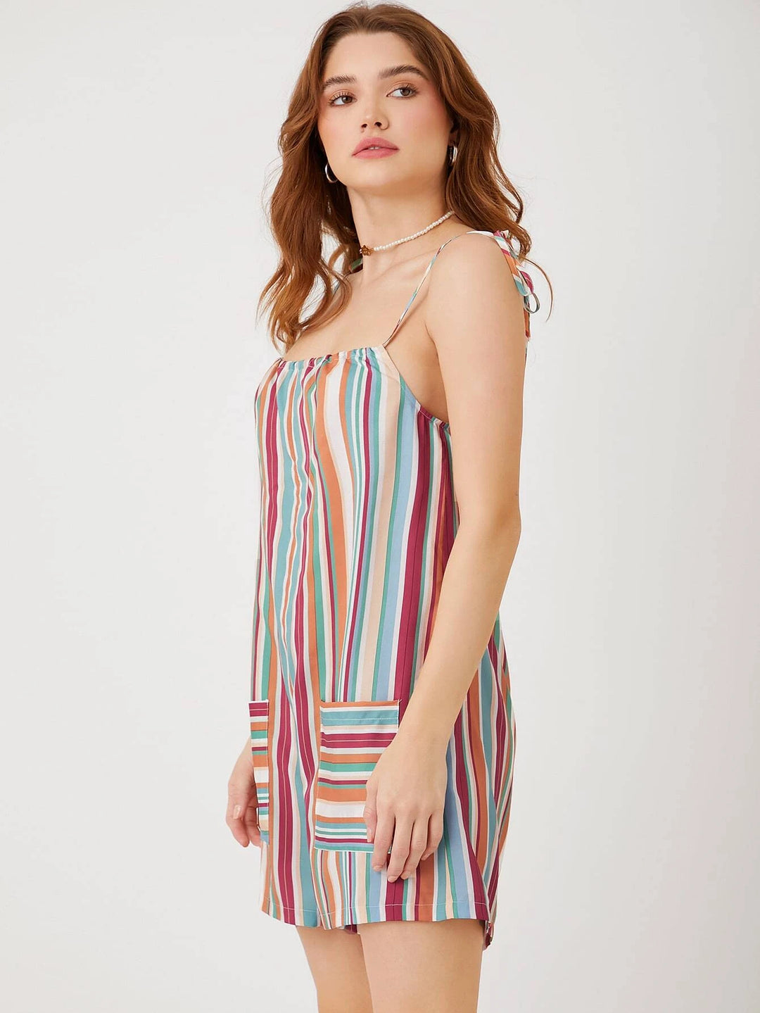 Striped Print Knot Shoulder Romper