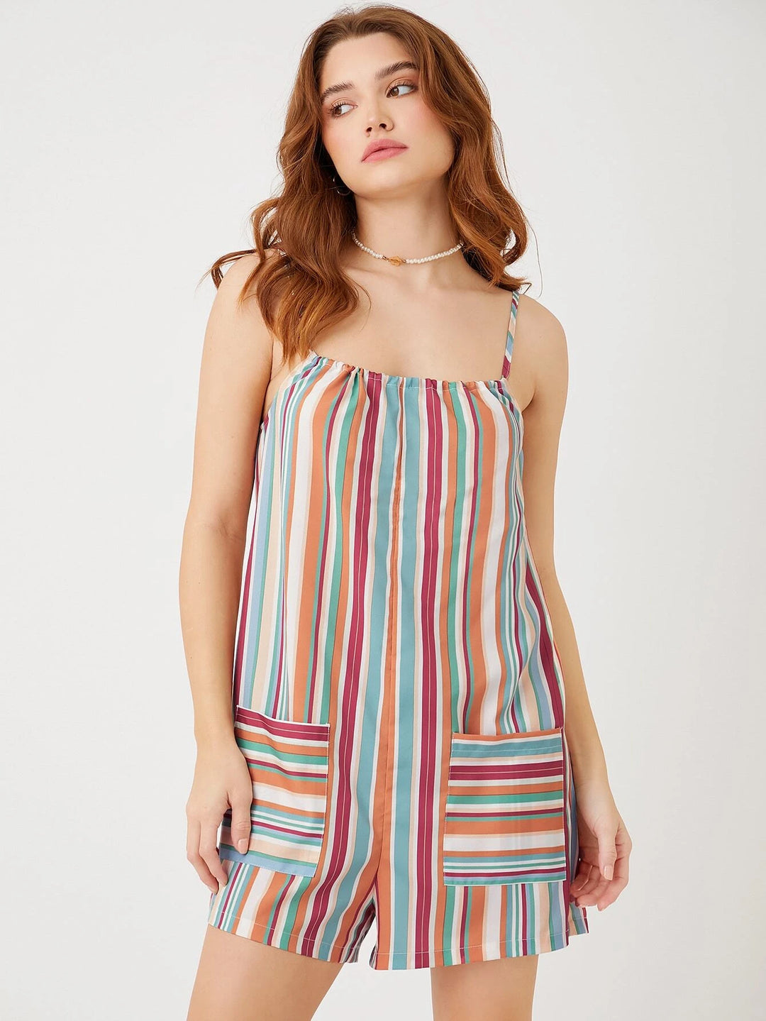 Striped Print Knot Shoulder Romper