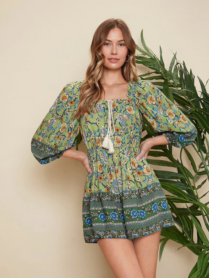 Floral Print Tassel Tie Lantern Sleeve Romper