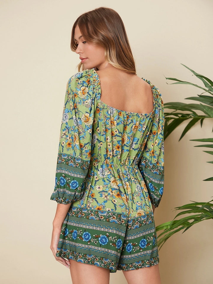 Floral Print Tassel Tie Lantern Sleeve Romper