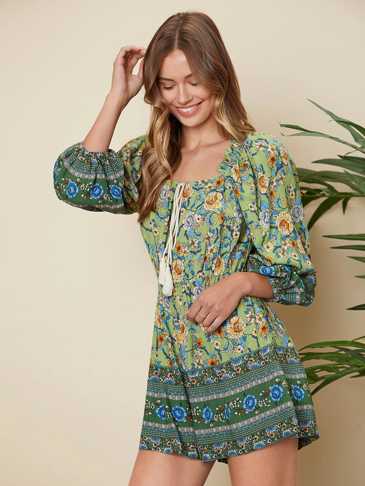 Floral Print Tassel Tie Lantern Sleeve Romper